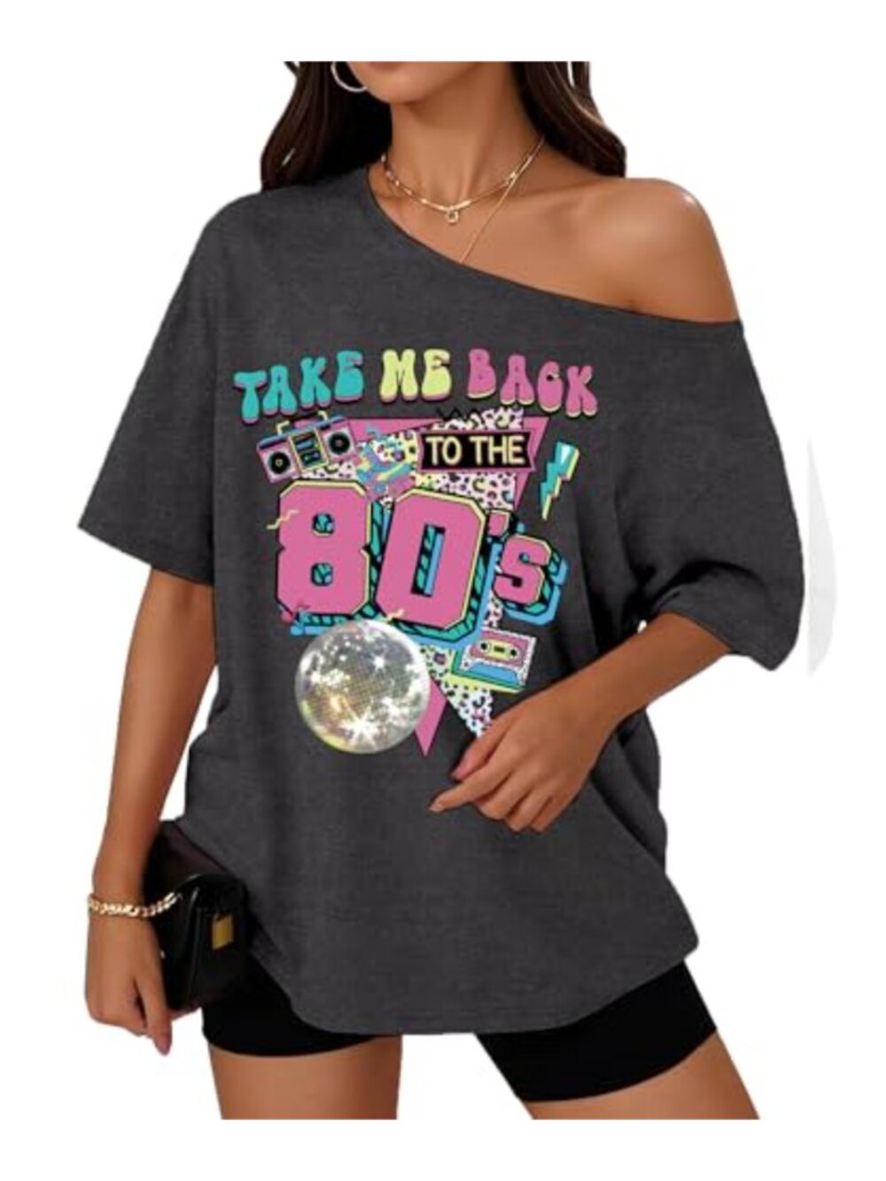Women's Retro Off Shoulder 80s T-Shirt Vintage Disco Party Top
